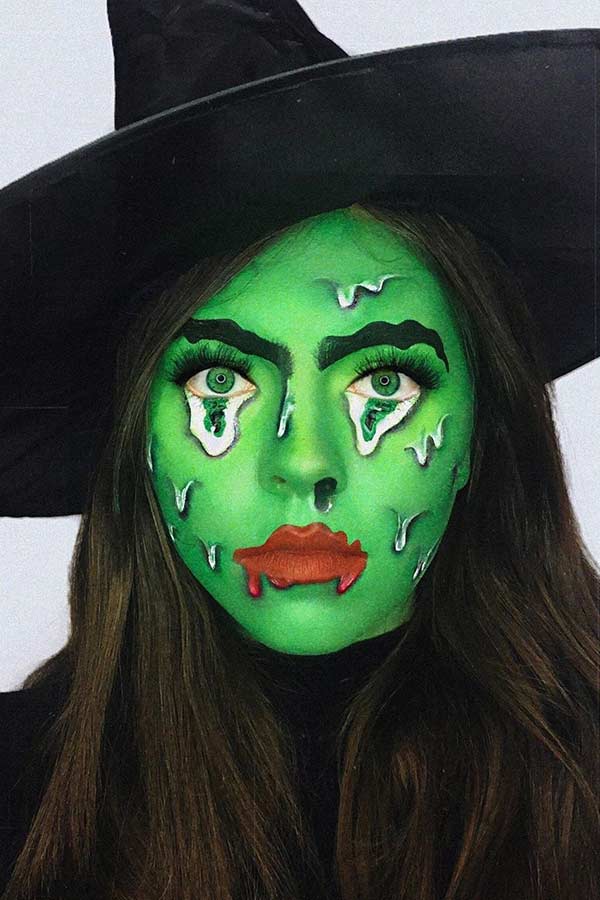 Maquillage de sorcière verte fondante créative