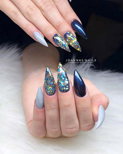 Ongles Stiletto Bleu Pailleté