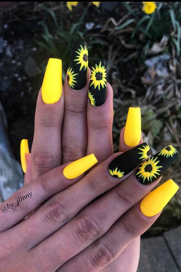 Ongles de tournesol noirs et jaunes