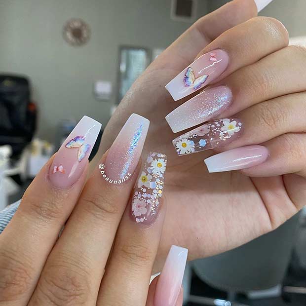 Ongles français ombrés et floraux