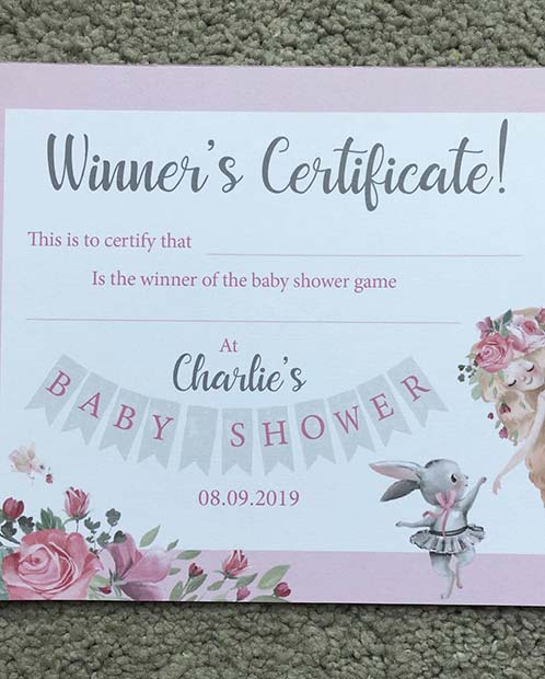 Certificat du gagnant pour les jeux de douche de bébé