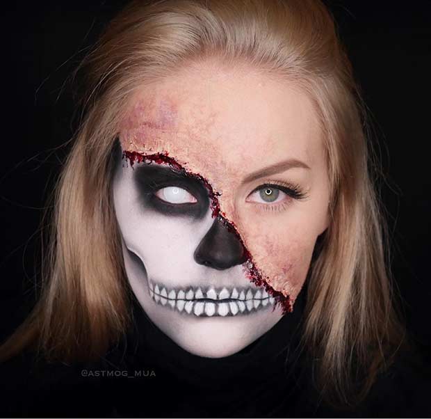 Maquillage Squelette Demi Visage Brûlé Effrayant pour Halloween