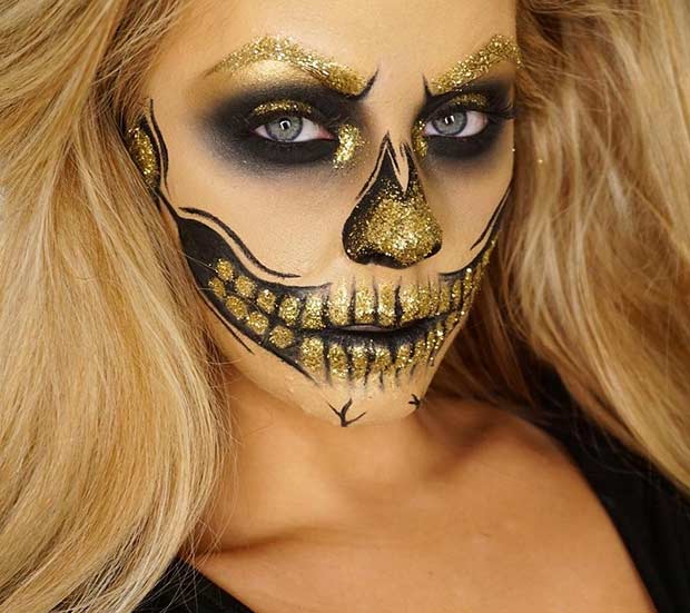 Maquillage Halloween Glam Noir et Or Paillettes