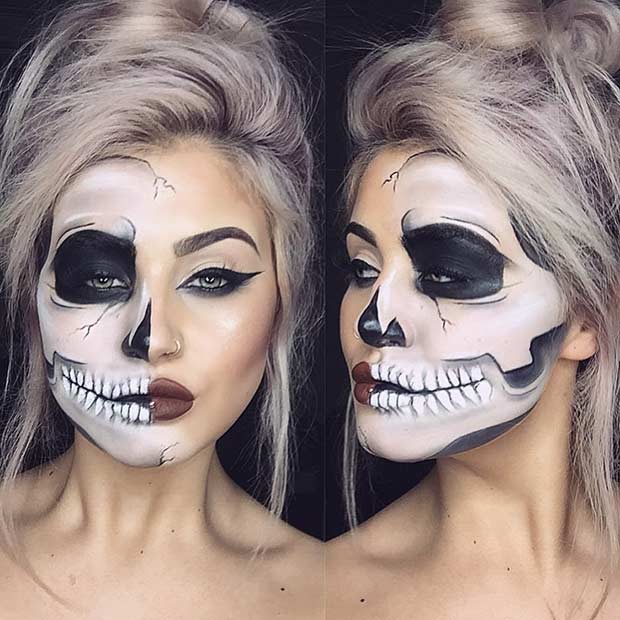 Half Skull Halloween Makeup Look