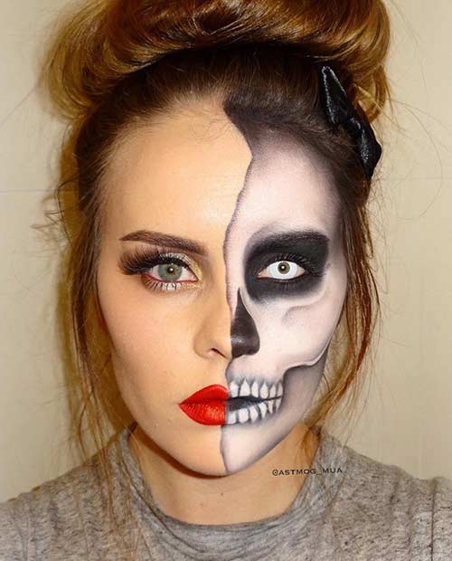 Look de maquillage squelette d'Halloween demi-visage