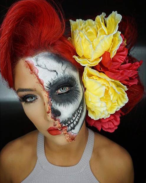 Half Face Skull Halloween Makeup Look