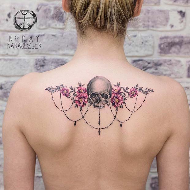 Floral Skull Back Tattoo Idea