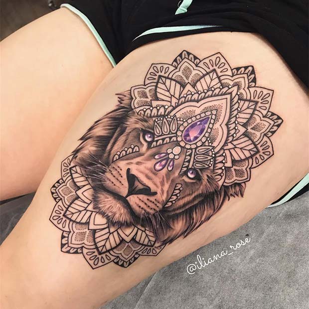 Fierce Lion Thigh Tattoo