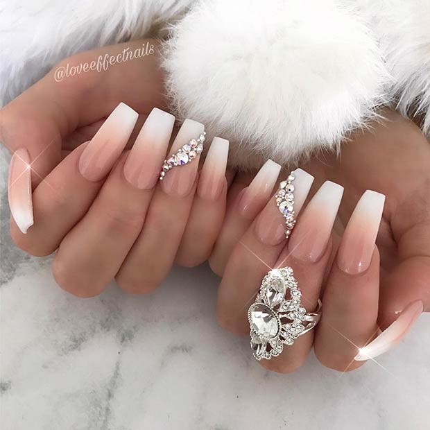 Γαλλικά Ombre Coffin Nails with Rhinestones