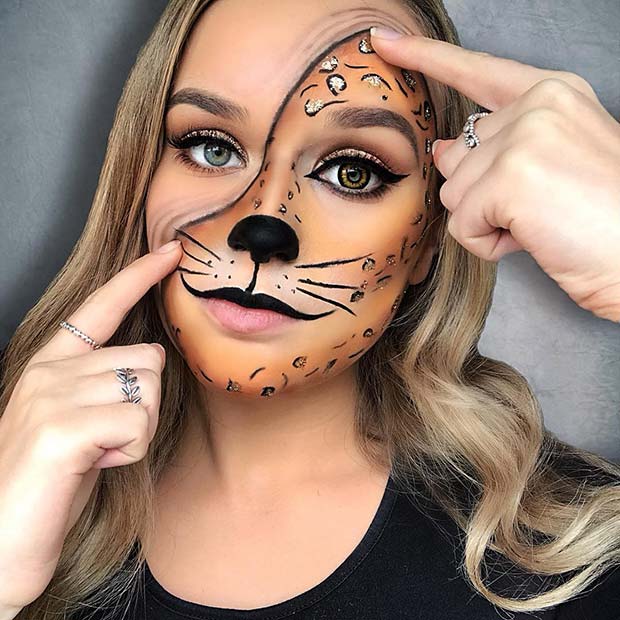 Μισή Leopard Halloween ιδέα μακιγιάζ
