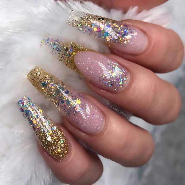 Sparkly Gold Glitter Coffin Nails