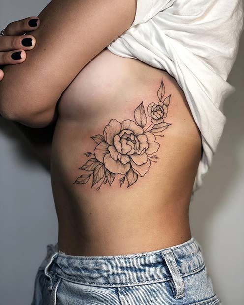 Peony Rib Tattoo Idea for Girls