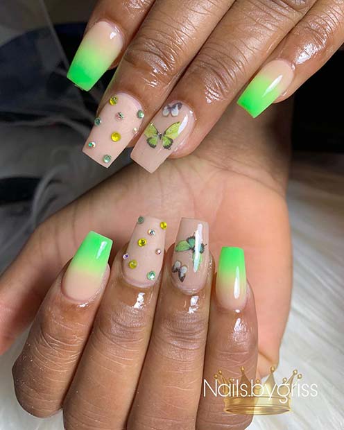 Green Ombre Nails with Pretty Butterflies