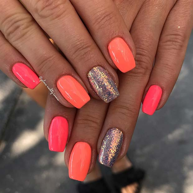 Ροζ, Πορτοκαλί και Glitter Nails