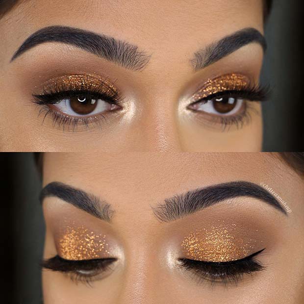 Maquillage pour les yeux à paillettes dorées