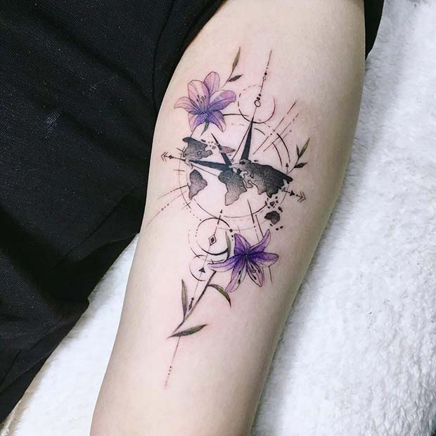 Μοναδικό σχέδιο τατουάζ Lily και World Map