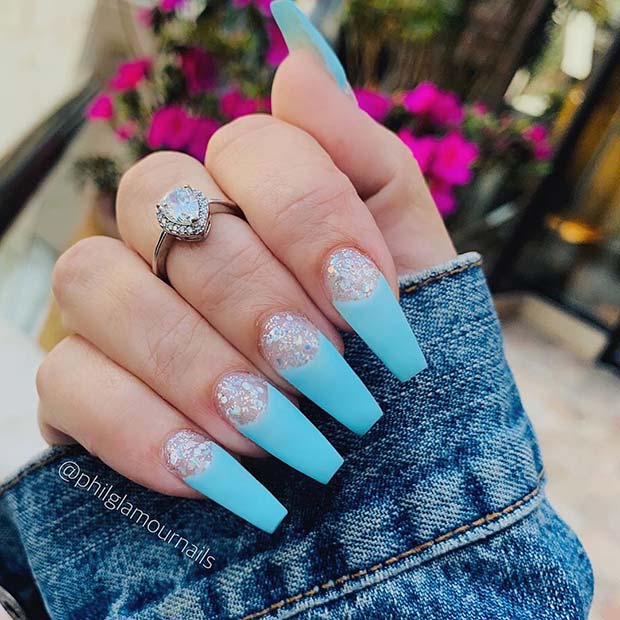 Glitter Nails with Baby Blue Tips