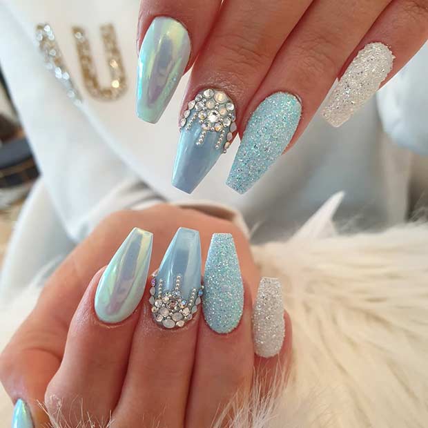 Baby Blue Coffin Nails with Rhinestones