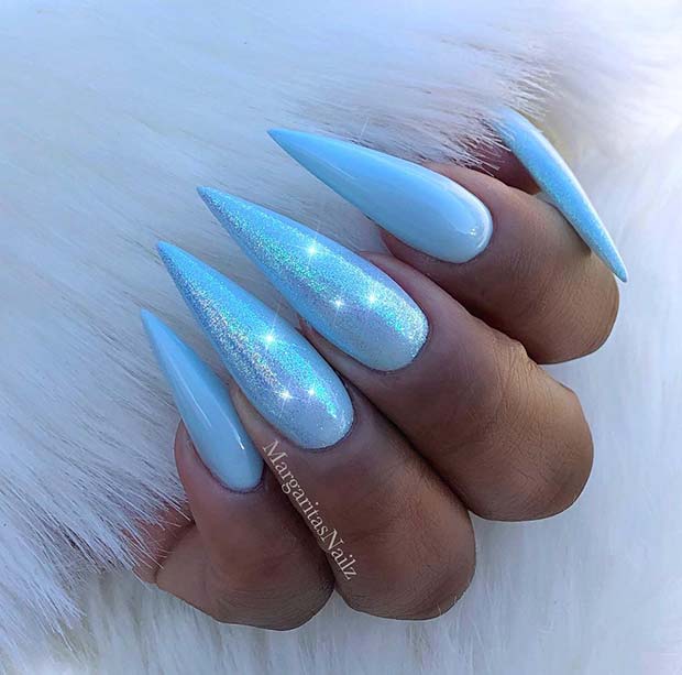 Sparkly Baby Blue Stiletto Nails