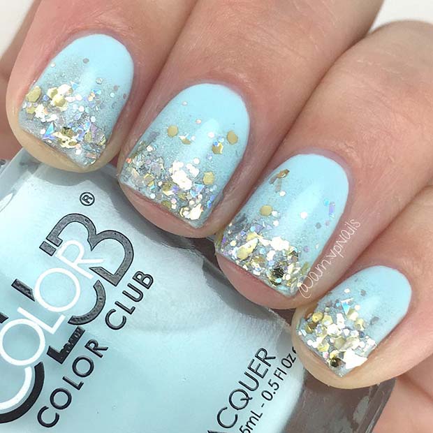 Glam Blue και Silver Glitter Nail Idea