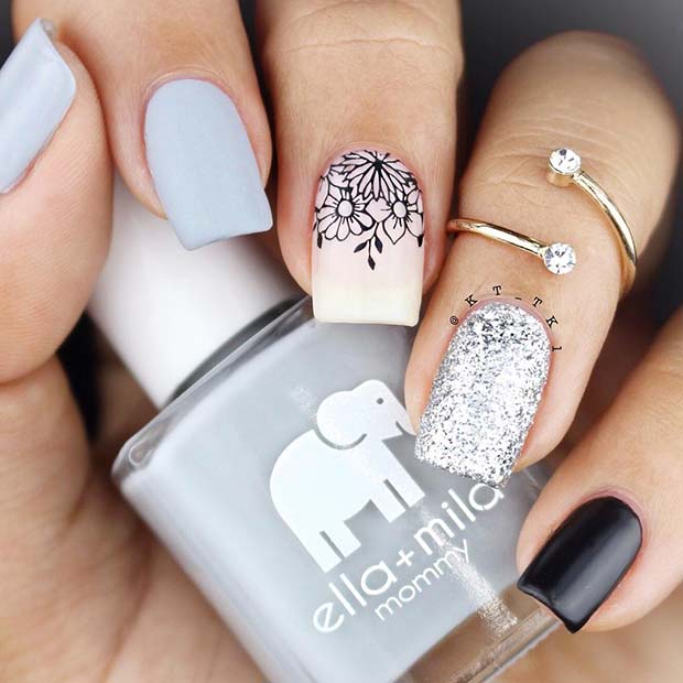 Matte Grey, Glitter και Floral Nail Art