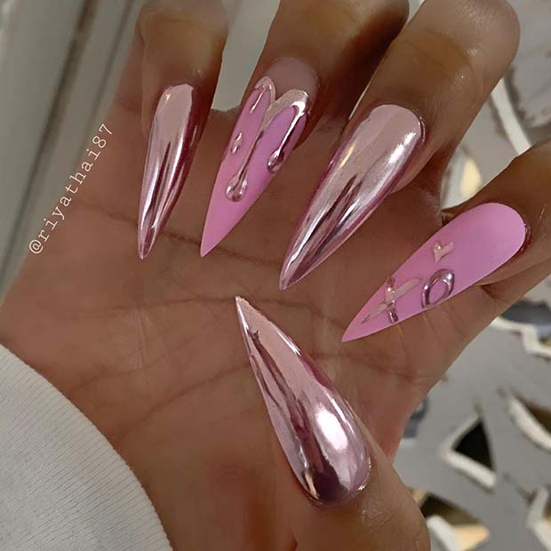 Pretty Pink Matte και Chrome Nails