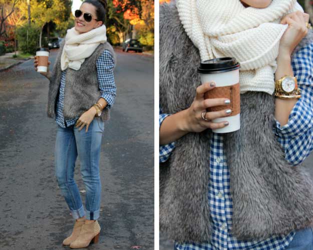 Faux Fur Vest και Scarf Outfit