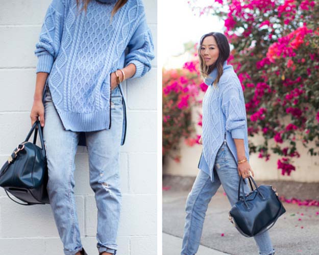 Μπλε Turtleneck Boyfriend Jeans Outfit