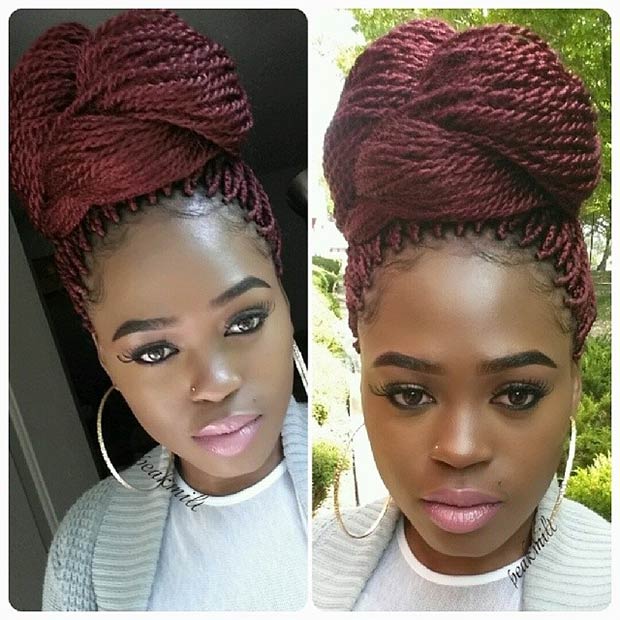 Burgundy Senegalese Twists into a High Bun