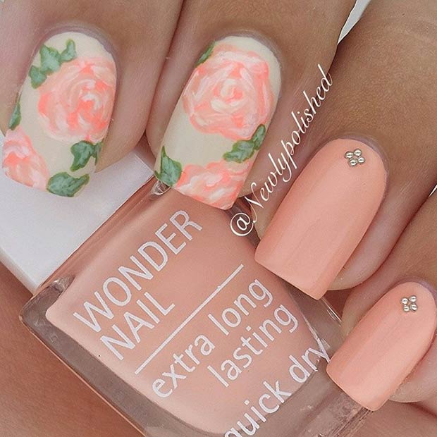 Peachy Matte Flower Nail Design