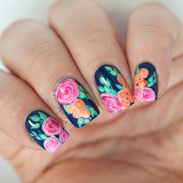 Navy Blue Floral Nail Design