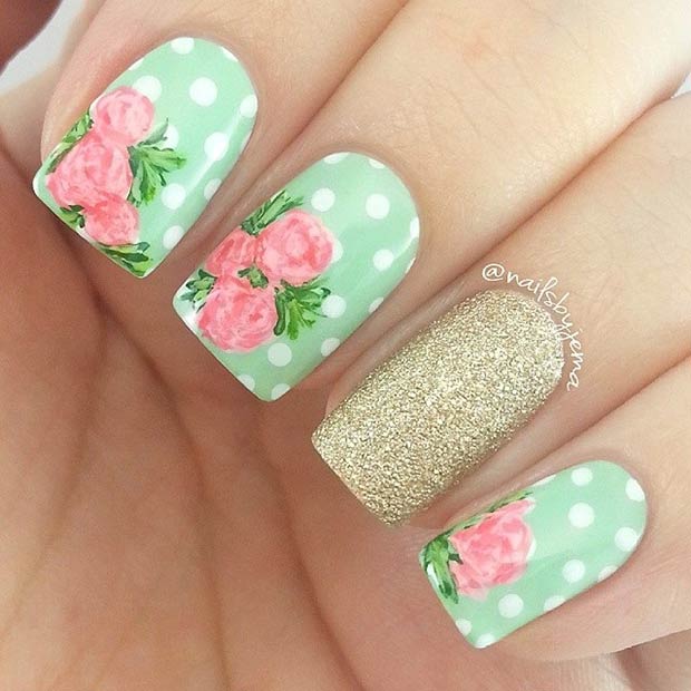 Polka Dot Nail Art Design with Flowers