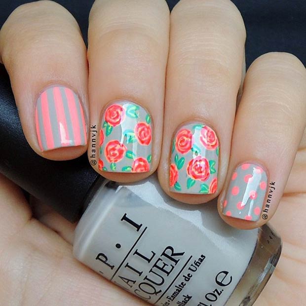 Conception d'ongles à fleurs à motifs mixtes