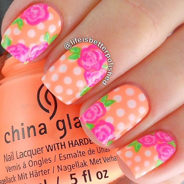 Ongles à pois orange fluo