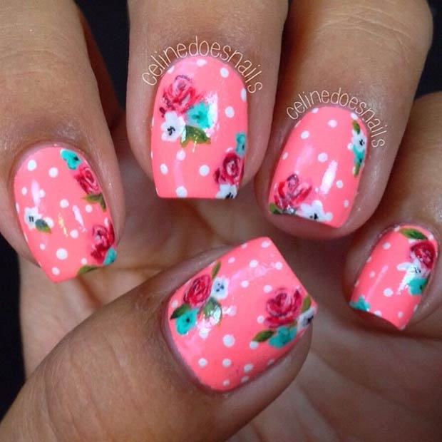 Ongles Rose Fluo Floral