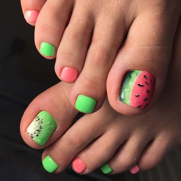 Ongles d'orteils mignons kiwi et pastèque