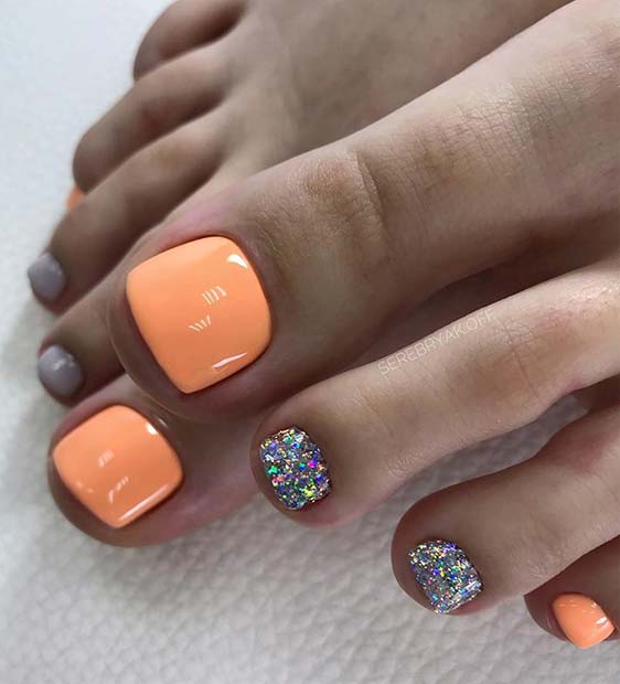 Παστέλ Πορτοκαλί και Glitter Toe Nail Design