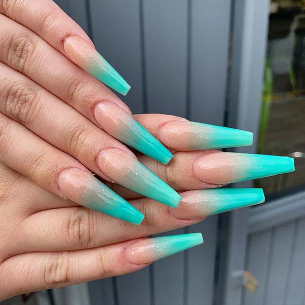 Bright Blue Ombre Coffin Nails