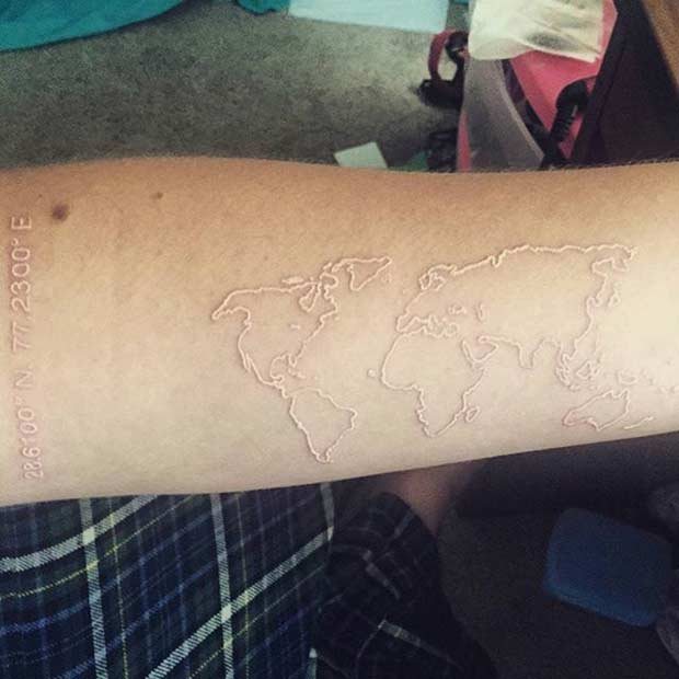 White Ink World Map Tattoo