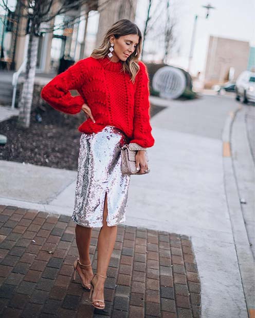 Jupe à paillettes et pull rouge festif