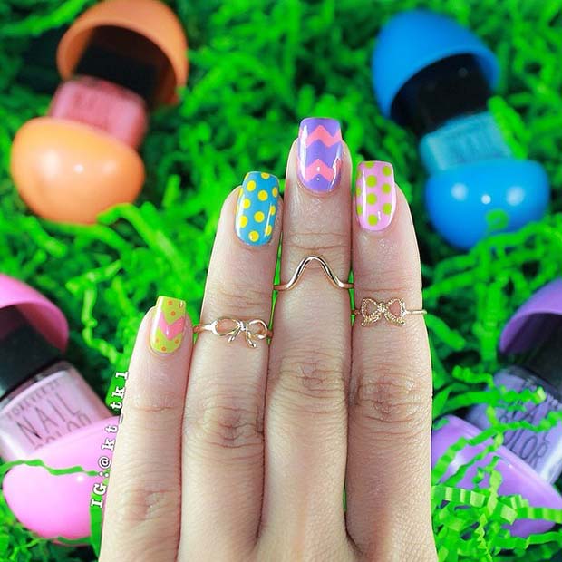 Ongles de Pâques colorés à pois et chevrons