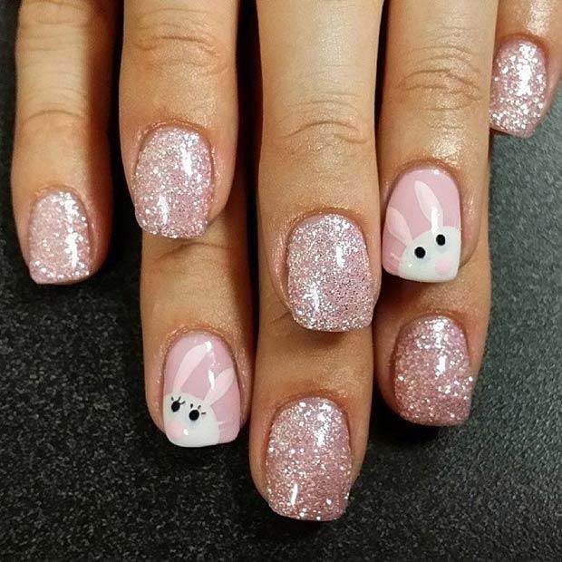 Jolis ongles pailletés et lapin