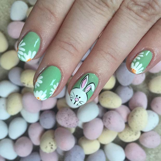 Lapin vert et fleurs Conception d'ongles de Pâques pour ongles en amande