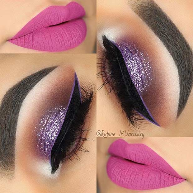 Maquillage de bal pour les yeux scintillants violets et les lèvres roses