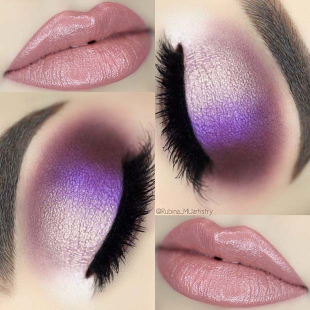 Maquillage Joli Yeux Violets et Lèvres Roses