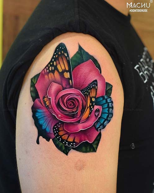 Μοναδικό σχέδιο τατουάζ με τριαντάφυλλο με φτερά πεταλούδας