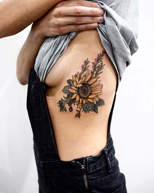 Pretty Sunflower Rib Tattoo