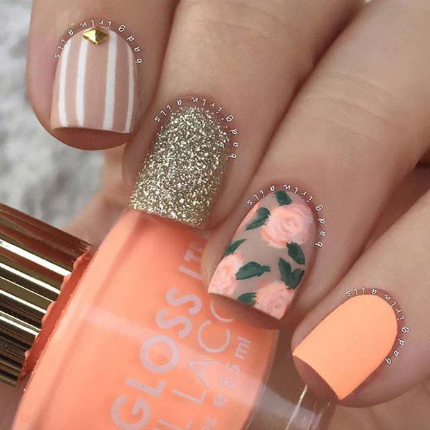 Peachy Floral Nail Art Design