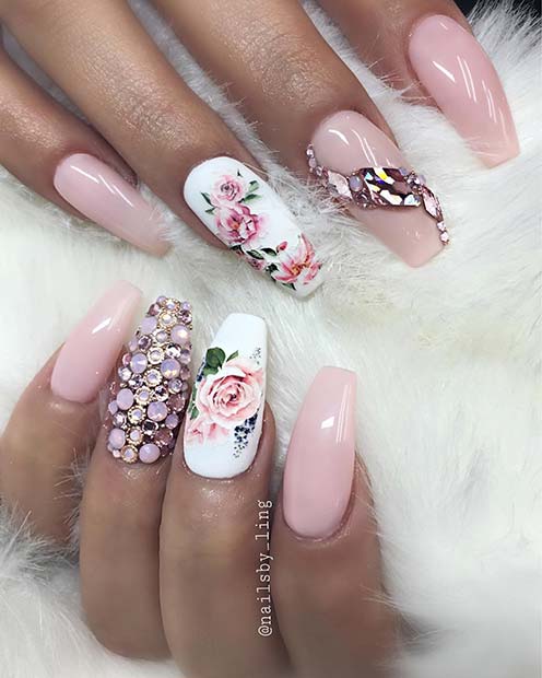 Glam Floral Nail Idea for Coffin Nails