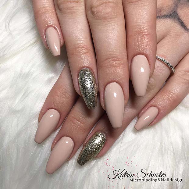 Nude and Gold Glitter Coffin Nails